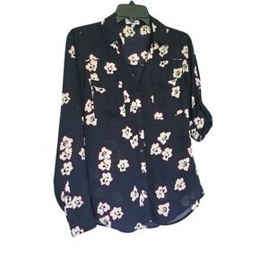 Express Women Portofino Navy White Floral Roll Tab Sleeve Chiffon Career Small‎